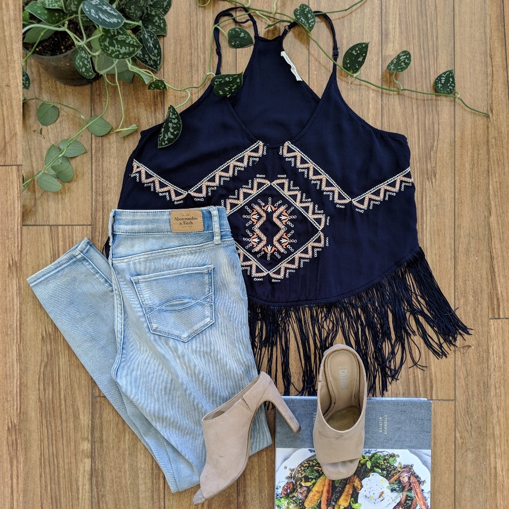 🌵Festive Navy Ethnic Embroidered Tank w/Fringe XS